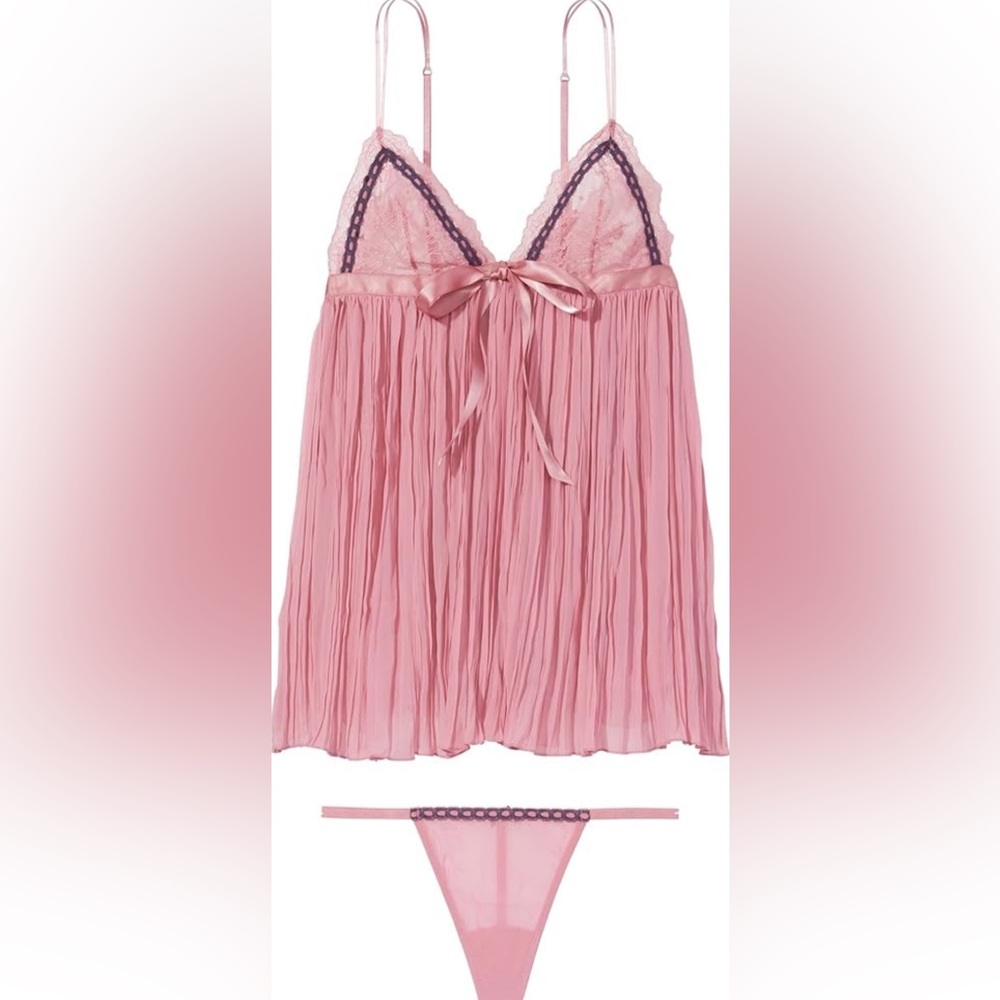 Victoria Secret Pink Lace Trim Pleated Babydoll with Matching G string